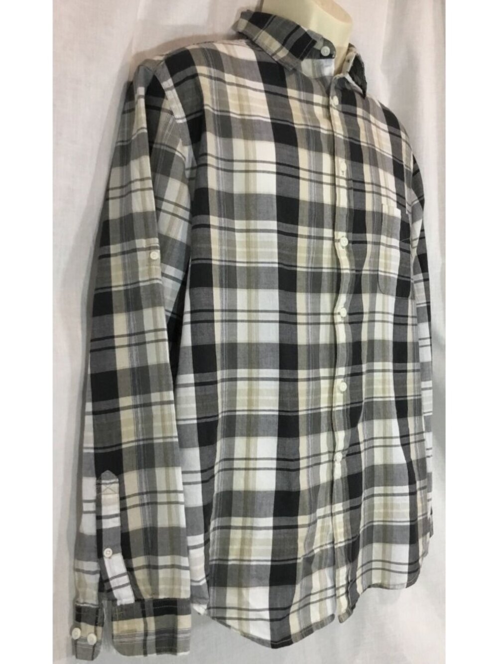 90 Grunge Button Down Shirt Mens L Neutral Gray Plaid Tailored Fit Cabincore VTG - Picture 6 of 12